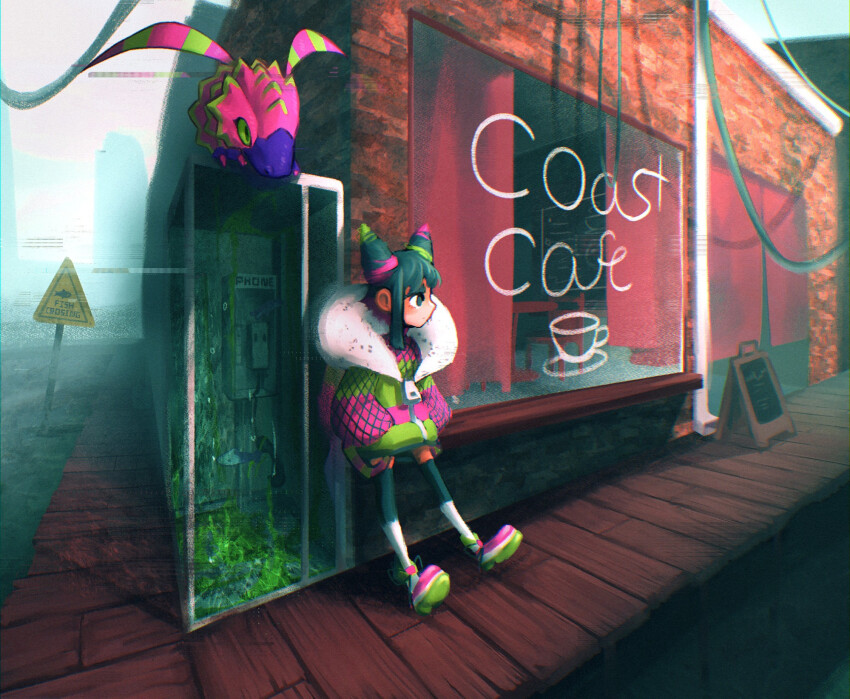 1girl beak black_eyes black_hair colored_sclera digimon digimon_(creature) geahgeah green_hair green_sclera highres looking_at_another looking_to_the_side multicolored_hair pink_hair pomumon sign winter_clothes zipper