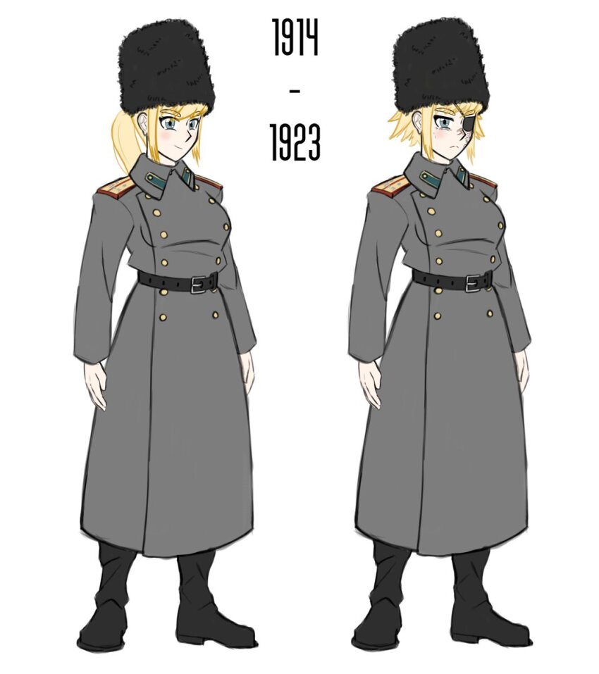 1girl age_comparison alternate_hairstyle belt belt_buckle black_belt black_boots blonde_hair blue_eyes boots breasts buckle buttons collar collar_tabs comparison double-breasted epaulettes eyepatch facial_scar fluffkaiser frown full_body fur_hat furrowed_brow gold_buttons greatcoat green_collar_tabs hat highres long_sleeves looking_at_viewer medium_breasts military military_uniform multiple_views narrowed_eyes original pants pants_tucked_in papakha ponytail russia russian_civil_war russian_empire scar scar_on_cheek scar_on_face scar_on_nose short_hair sidelocks smile standing world_war_i