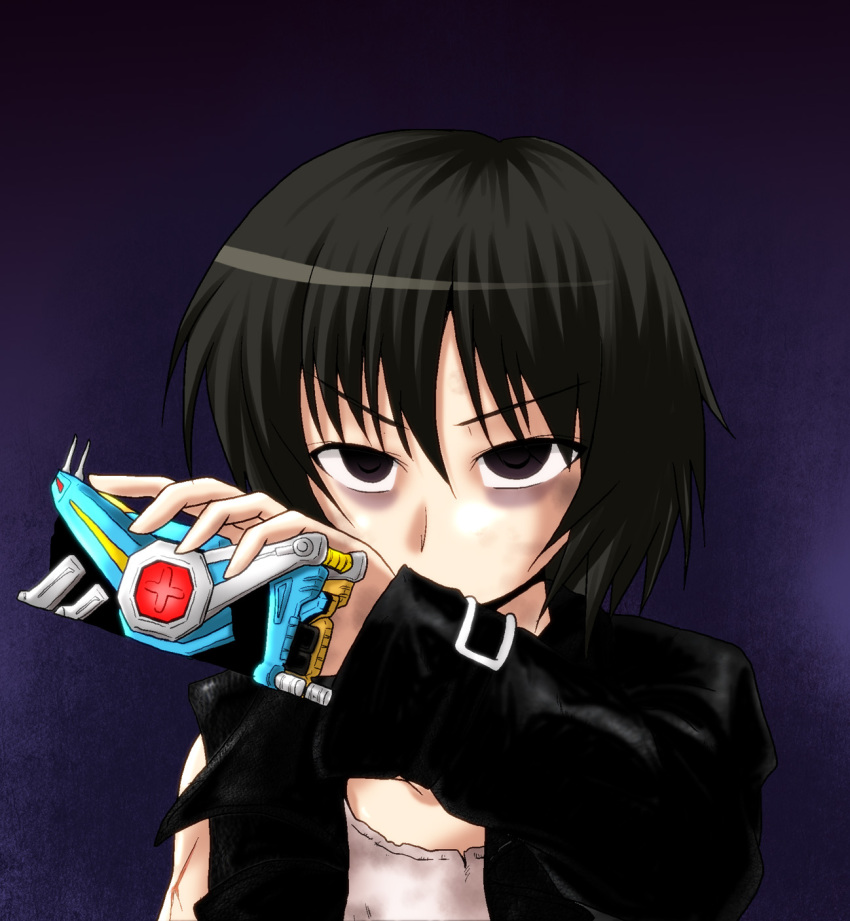 1girl amagami bags_under_eyes black_jacket blank_eyes brown_hair buckle crossover female_focus glaring henshin highres jacket kamen_rider kamen_rider_kabuto_(series) kamen_rider_kick_hopper kamishima_kanon leather leather_jacket nanasaki_ai parody shirt solo torn_clothes torn_shirt