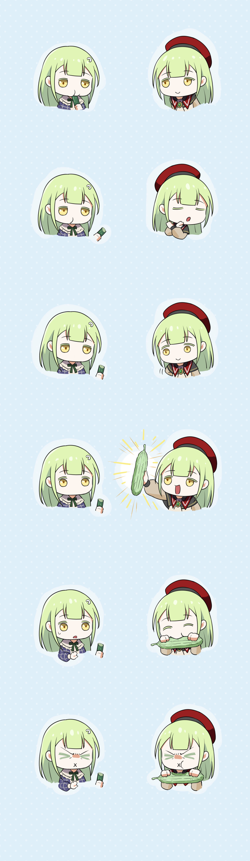 &gt;_&lt; 2girls absurdres bang_dream! bang_dream!_it&#039;s_mygo!!!!! beret blue_background closed_eyes commentary cucumber dated_commentary dual_persona eating green_hair hat highres long_hair mortis_(bang_dream!) mortis_(costume)_(bang_dream!) mortis_(persona)_(bang_dream!) multiple_girls neck_ribbon red_hat ribbon wakaba_mutsumi x_arms x_mouth yellow_eyes yzj21333