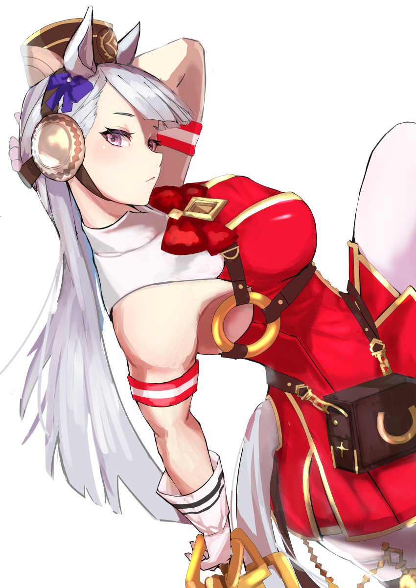 1girl absurdres animal_ears breasts commentary_request gold_ship_(umamusume) grey_hair highres horse_ears horse_girl horse_tail long_hair looking_at_viewer medium_breasts purple_eyes rakasei5050 simple_background solo tail umamusume v white_background