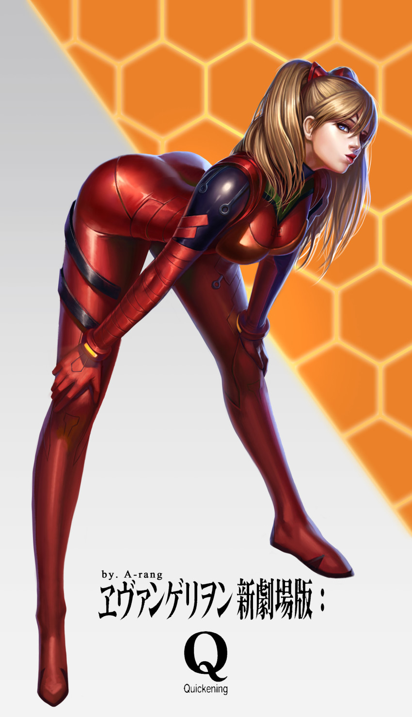 10s 1girl absurdres artist_name ass backlighting bent_over blue_eyes bodysuit bracer breasts brown_hair copyright_name evangelion:_3.0_you_can_(not)_redo eyepatch female_focus from_side full_body gloves gradient_background grey_background hair_between_eyes hair_over_shoulder hands_on_own_knees headgear hexagon highres honeycomb_(pattern) honeycomb_background honeycomb_pattern huge_ass image_sample large_breasts legs legs_apart lips lipstick long_hair long_legs looking_at_viewer makeup mecha_pilot_suit neon_genesis_evangelion orange_background parted_bangs plugsuit_(evangelion) pursed_lips realistic rebuild_of_evangelion red_lips shiny_clothes solo souryuu_asuka_langley taekwon_kim tape turtleneck twintails wide_hips