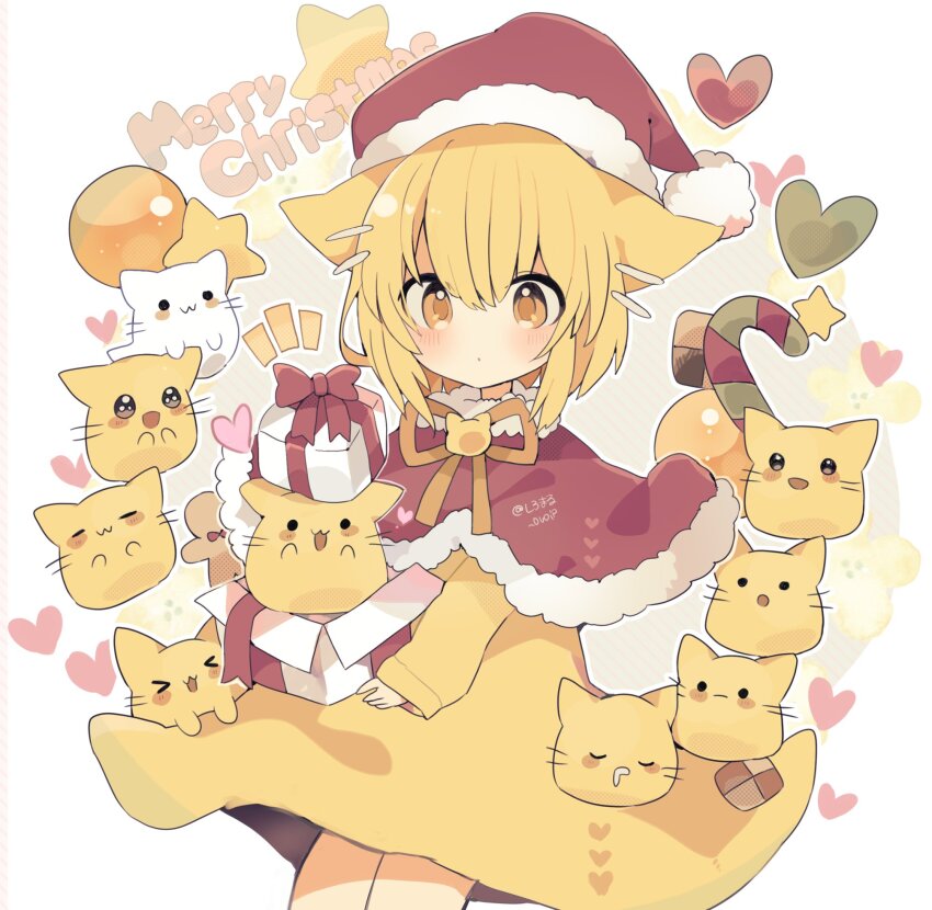 1girl :o animal_ears ball blob blob_(google) blonde_hair blush bow candy candy_cane capelet cat cat_brooch cat_ears cat_girl checkerboard_cookie christmas christmas_present commentary cookie dress english_text facing_viewer feet_out_of_frame food fur-trimmed_capelet fur-trimmed_headwear fur_trim gift hair_between_eyes hair_ornament hairclip hat heart heart_background highres holding holding_gift long_sleeves looking_at_creature medium_hair merry_christmas neck_ribbon notice_lines open_gift original ovoip parted_lips pom_pom_(clothes) red_bow red_capelet red_hat ribbon santa_hat sleeves_past_wrists solo standing star_(symbol) tareme yellow_dress yellow_eyes yellow_ribbon