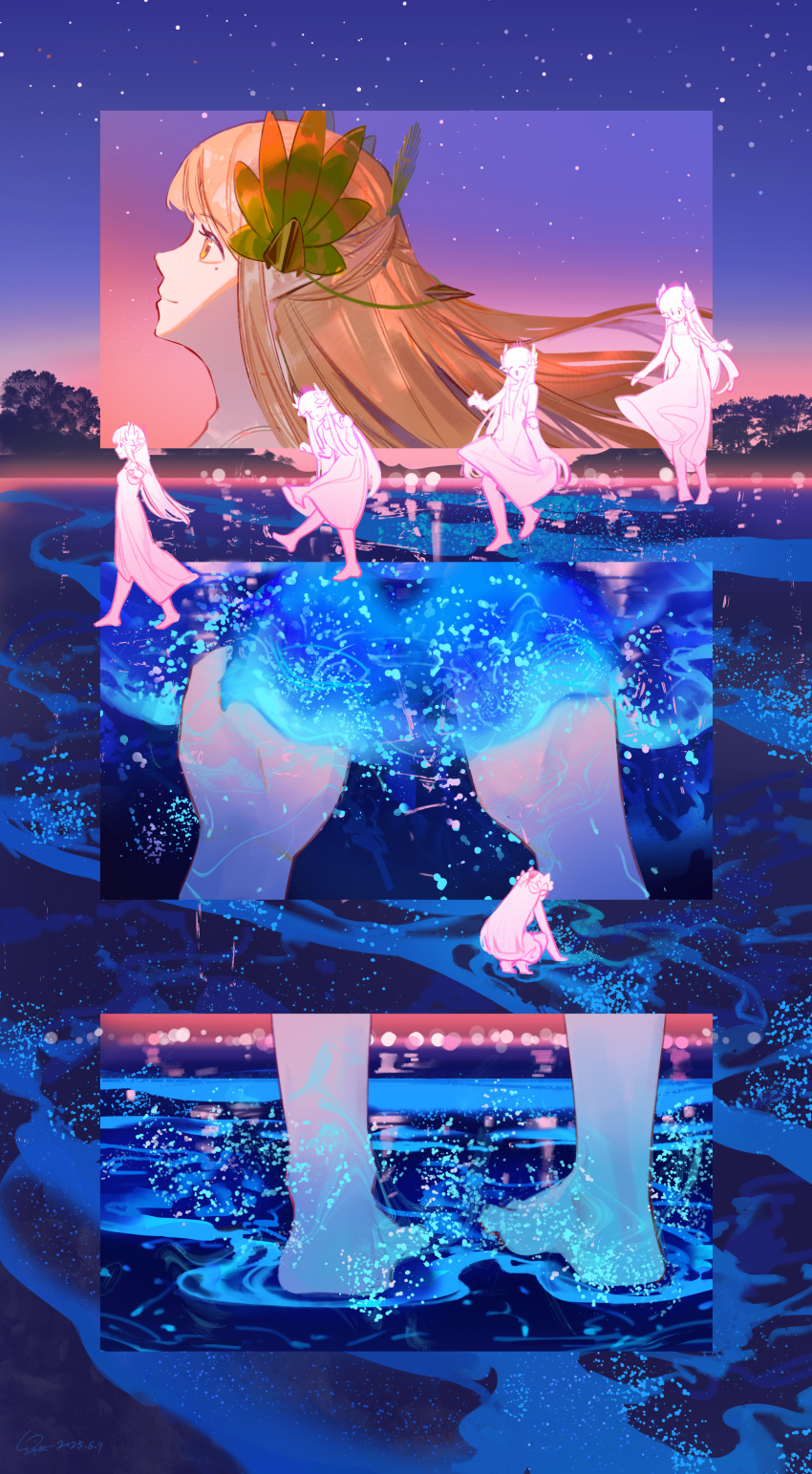 1girl absurdres arknights barefoot blonde_hair closed_mouth dress hair_horns highres landscape long_hair lyuqiu muelsyse_(arknights) multiple_views ocean orange_eyes pointy_ears profile scenery sky smile solo white_dress