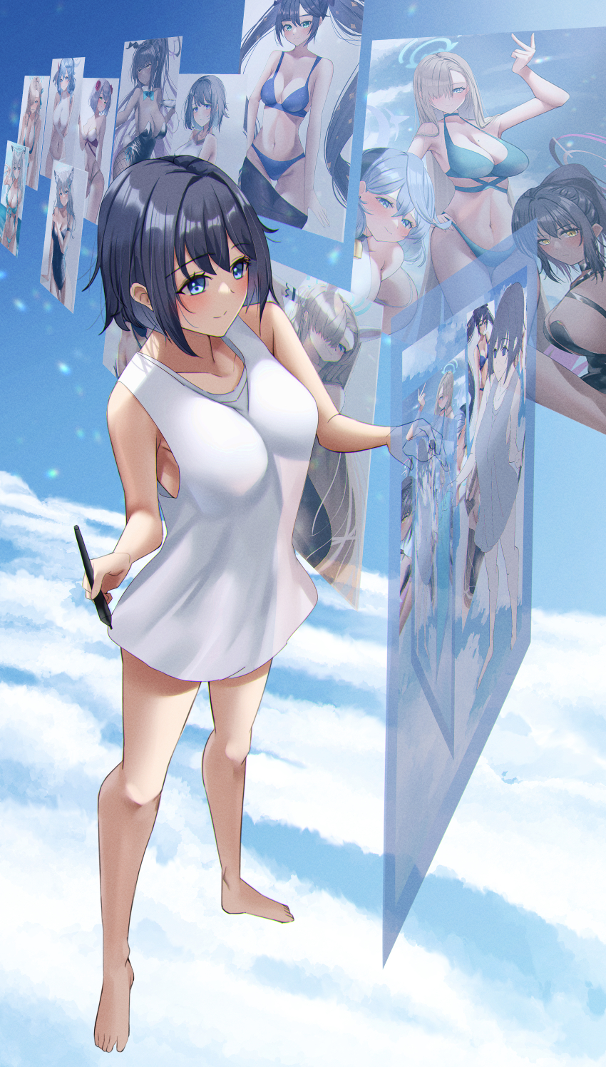 6+girls absurdres ako_(blue_archive) animal_ears asuna_(blue_archive) blue_archive blue_eyes blue_sky bra breasts crossover dark-skinned_female dark_skin genshin_impact grey_hair hair_over_one_eye halo highres hologram holographic_touchscreen karin_(blue_archive) karin_(bunny)_(blue_archive) katagiri_nanoka large_breasts long_hair medium_breasts mona_(genshin_impact) multiple_girls noelle_(genshin_impact) original pen ponytail shiroko_(blue_archive) shirt short_hair sky twintails underwear white_shirt wolf_ears