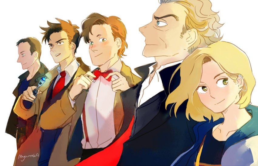 1girl 4boys black_hair blonde_hair blue_eyes bow bowtie brown_eyes brown_hair coat doctor_who eleventh_doctor eleventh_doctor_(doctor_who) green_eyes highres hood hoodie jacket looking_at_viewer mogamoka multiple_boys necktie ninth_doctor ninth_doctor_(doctor_who) shirt smile tenth_doctor tenth_doctor_(doctor_who) the_doctor the_doctor_(doctor_who) thirteenth_doctor thirteenth_doctor_(doctor_who) twelfth_doctor twelfth_doctor_(doctor_who) white_hair
