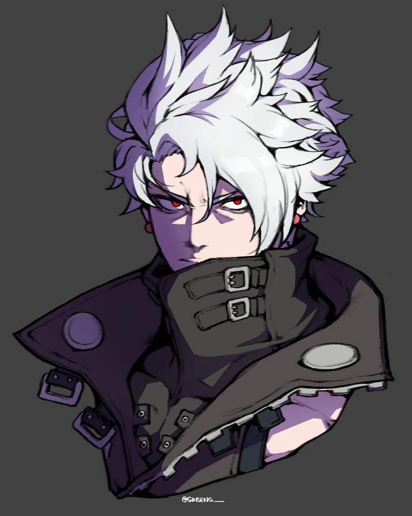 1boy absurdres belt chipp_zanuff commentary covered_pectorals cropped_torso english_commentary ginseng_(xin) grey_background guilty_gear guilty_gear_strive highres looking_at_viewer male_focus open_collar pectorals red_eyes short_hair simple_background solo white_hair