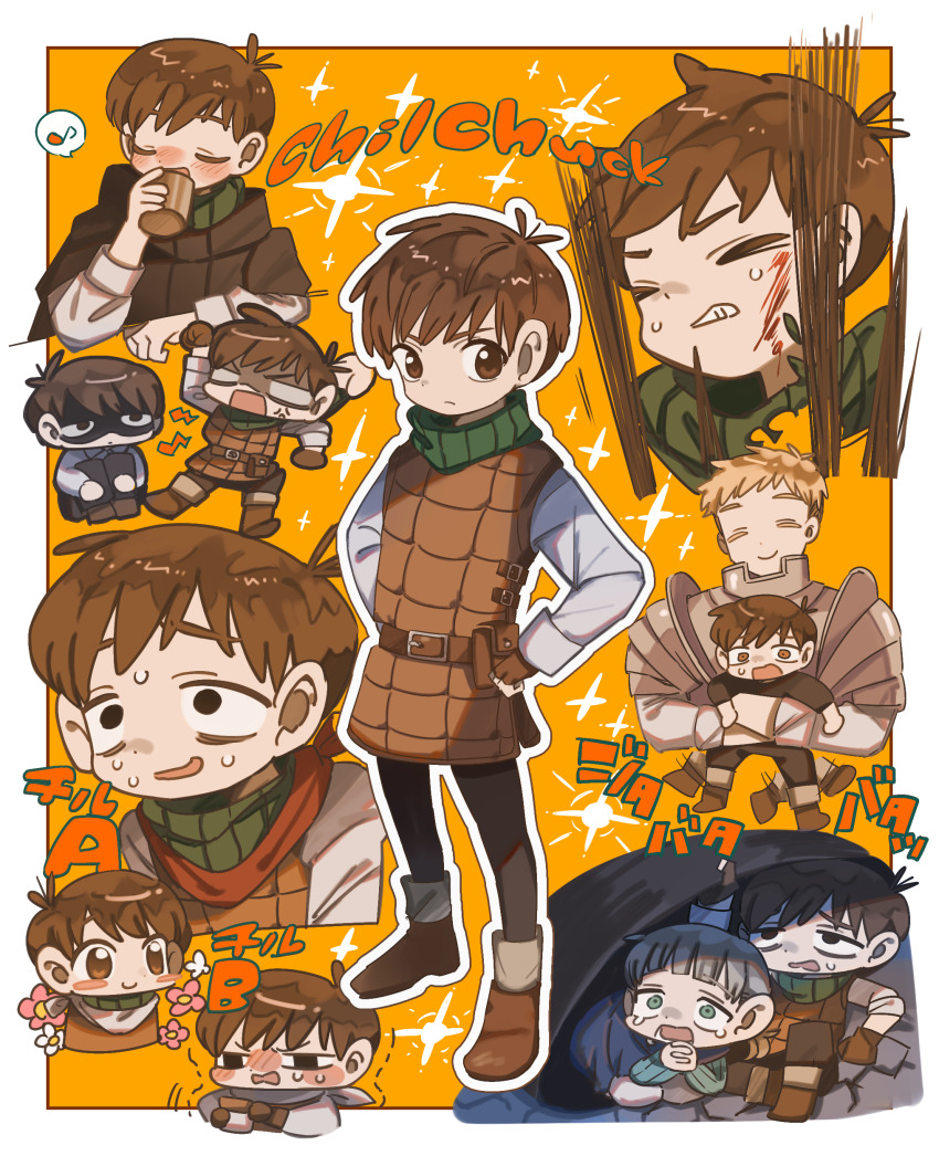 3boys absurdres armor black_pants blonde_hair blood blood_on_face blush boots brown_eyes brown_gloves brown_hair character_name chibi chilchuck_tims closed_eyes closed_mouth cup dungeon_meshi fingerless_gloves flower gloves green_eyes hanana_(ymbk_sb) hands_on_own_hips highres holding holding_cup laios_touden leather_armor long_sleeves mickbell_tomas multiple_boys multiple_views musical_note neck_warmer open_mouth pants shaded_face sitting sparkle sweat