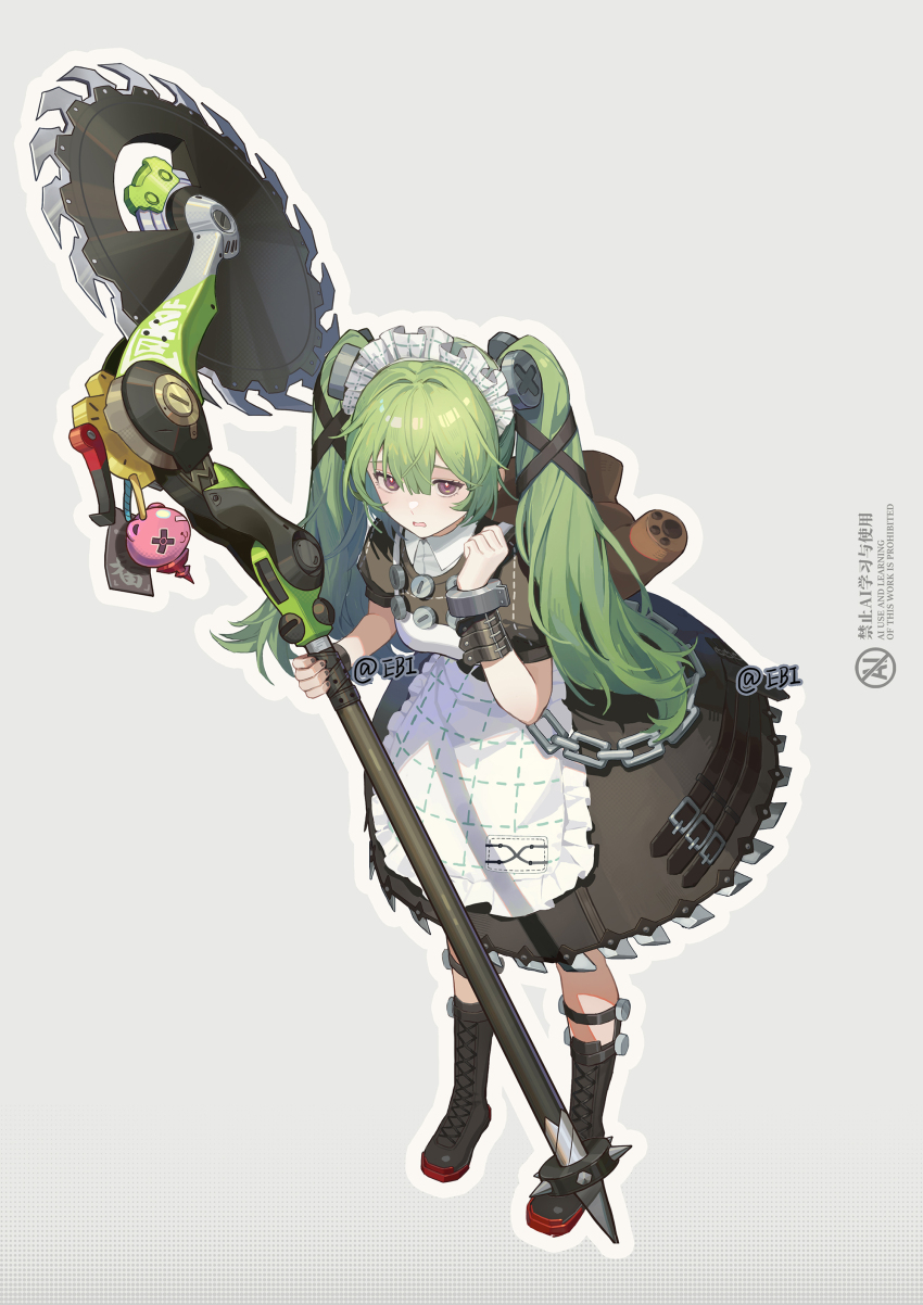 1girl absurdres animal_bag apron bear_bag black_boots black_dress blue_shrimp boots breasts chain charm_(object) circular_saw commentary corin_wickes cuffs dress full_body green_hair grey_background hair_between_eyes highres holding holding_weapon knee_boots long_hair looking_at_viewer maid maid_apron maid_headdress open_mouth outline puffy_short_sleeves puffy_sleeves purple_eyes saw screw_hair_ornament short_sleeves simple_background solo standing twintails twitter_username weapon white_outline zenless_zone_zero