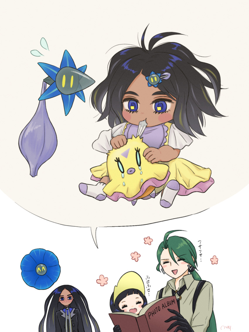 3girls :d aged_down black_gloves black_hair black_jacket black_necktie blush blush_stickers book closed_eyes collared_shirt commentary_request earrings embarrassed flittle flower_symbol game_freak geeta_(pokemon) glimmet glimmora gloves green_hair highres jacket jewelry long_hair multiple_girls natsuya_(nty_2d) necktie nintendo open_mouth photo_album pokemon pokemon_sv shirt sitting smile socks suspenders