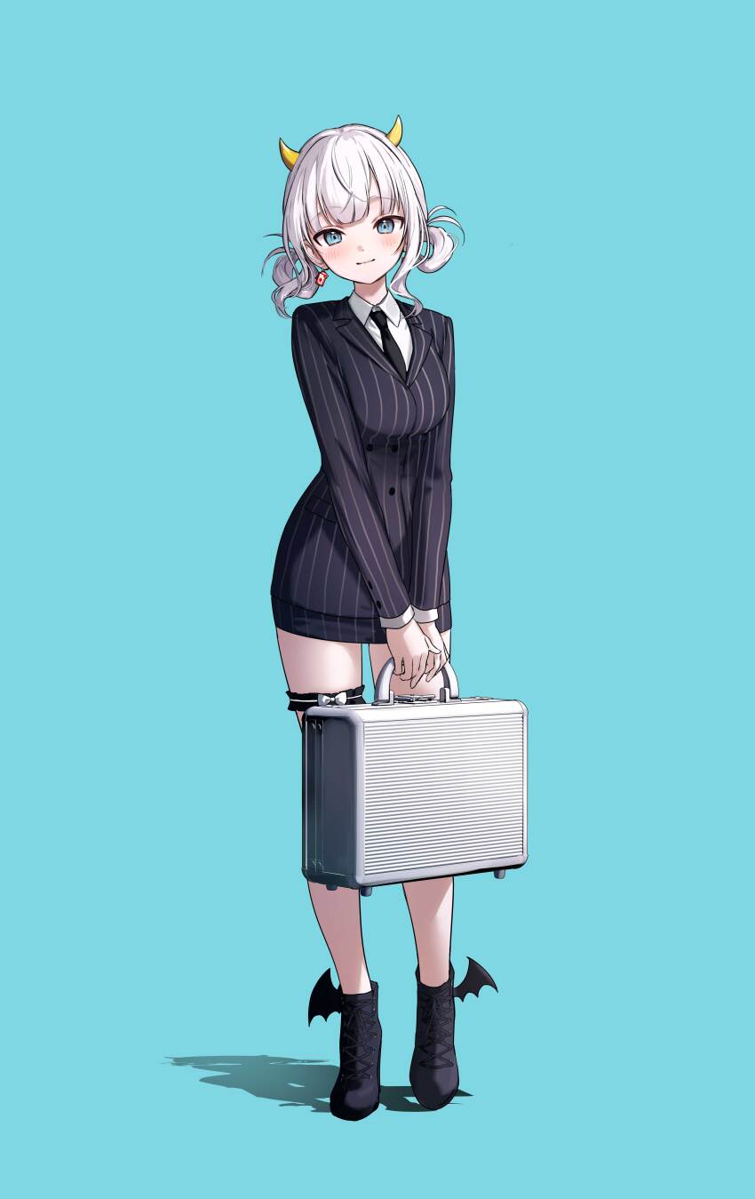 1girl absurdres aqua_background aqua_eyes ars_almal black_boots black_jacket black_necktie black_skirt blue_background blush boots closed_mouth collared_shirt commentary_request earrings full_body hair_rings highres holding holding_suitcase horns jacket jewelry lace-up_boots lapels light_smile looking_at_viewer necktie nijisanji notched_lapels pencil_skirt pinstripe_jacket pinstripe_pattern pinstripe_skirt shadow shirt simple_background skirt solo suitcase thigh_strap tone_haruma virtual_youtuber white_hair white_shirt winged_boots