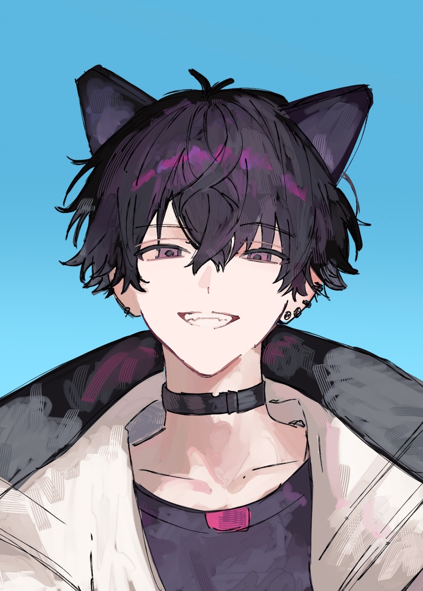 1boy animal_ears black_choker black_hair black_shirt blue_background cat_ears choker collarbone commentary_request crew_neck crossed_bangs dot_nose earrings gohanoisi_na grey_eyes grin hair_between_eyes highres jacket jewelry male_focus multiple_earrings nijisanji open_clothes open_jacket piercing saiki_ittetsu saiki_ittetsu_(1st_costume) shirt simple_background smile solo straight-on stud_earrings teeth upper_body virtual_youtuber