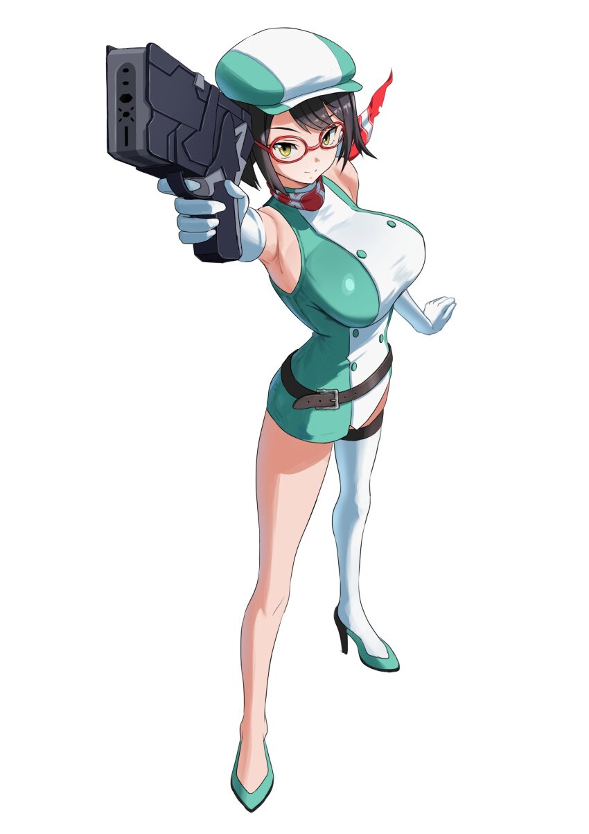 1girl absurdres bare_shoulders black_hair breasts commission digimon digimon_story:_time_stranger dress enun finger_on_trigger full_body glasses gloves green_dress green_hat green_shoes gun hat high_heels highres holding holding_gun holding_weapon large_breasts red_scarf scarf shoes short_hair single_thighhigh skeb_commission solo strapless strapless_dress thighhighs two-tone_dress two-tone_hat weapon white_dress white_gloves white_hat white_thighhighs yellow_eyes yuuki_kanan