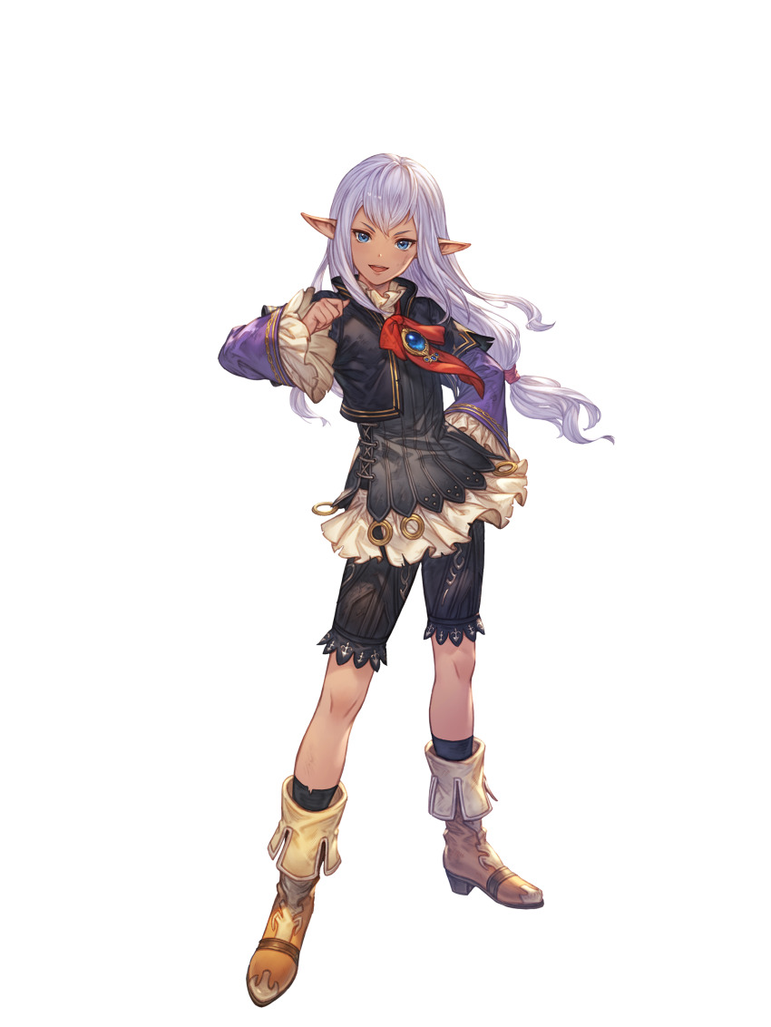 1girl :d absurdres artist_request black_shorts black_socks blue_eyes blue_gemstone boots brown_boots dark-skinned_female dark_skin dirty dirty_face double-parted_bangs elf elvaan final_fantasy final_fantasy_xi floating_hair full_body gem granblue_fantasy highres legs_apart long_hair long_sleeves low-tied_long_hair neck_ribbon official_art open_mouth pointy_ears prishe purple_hair red_ribbon ribbon second-party_source shorts smile socks solo standing teeth torn_clothes torn_socks transparent_background upper_teeth_only