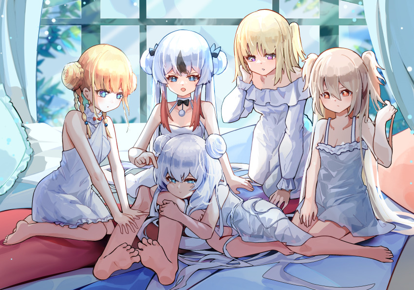 5girls absurdres azur_lane bare_arms bare_legs bare_shoulders barefoot black_hair blonde_hair blue_eyes breasts camisole chinese_commentary cleavage collarbone commentary_request criss-cross_halter curtains dhy-232 double_bun dress feet gradient_hair grey_hair hair_bun halter_dress halterneck highres indoors kneeling l&#039;audacieux_(azur_lane) l&#039;indomptable_(azur_lane) le_malin_(azur_lane) le_malin_(sleepy_sunday)_(azur_lane) le_terrible_(azur_lane) le_terrible_(silence_slumber_and_solace)_(azur_lane) le_triomphant_(azur_lane) looking_at_another lounging lying multicolored_hair multiple_girls official_alternate_costume on_bed one_side_up orange_eyes pajamas purple_eyes red_hair seiza siblings sisters sitting small_breasts streaked_hair toes twintails white_camisole white_pajamas window yokozuwari