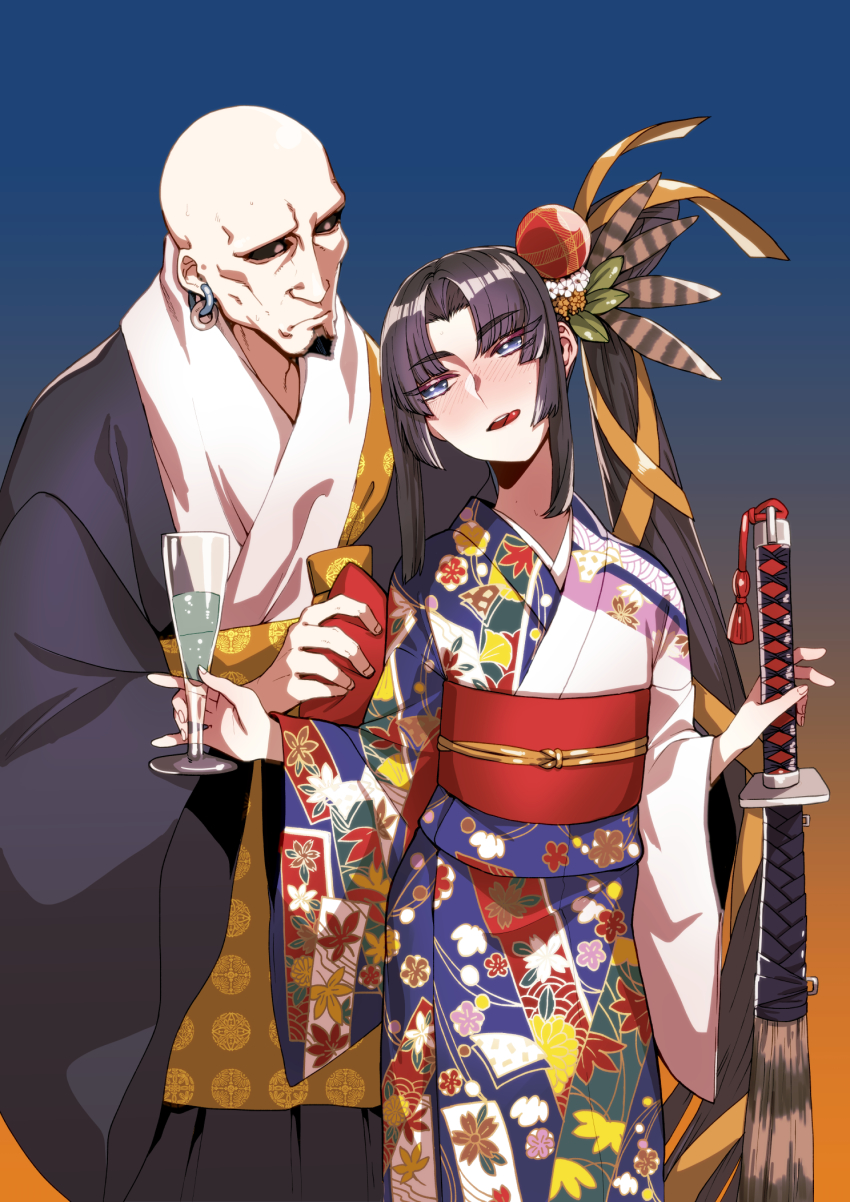 1boy 1girl alcohol bad_id bad_pixiv_id bald black_hair black_kimono black_sclera blue_eyes blush colored_sclera cup drinking_glass drunk earrings facial_hair fate/grand_order fate_(series) flat_chest goatee height_difference highres hoop_earrings japanese_clothes jewelry katana kimono licking_lips long_hair musashibou_benkei_(fate) no_eyebrows obi print_kimono rokkotsu sash side_ponytail sword tongue tongue_out ushiwakamaru_(fate) ushiwakamaru_(formal_dress)_(fate) very_long_hair weapon wine_glass yukata