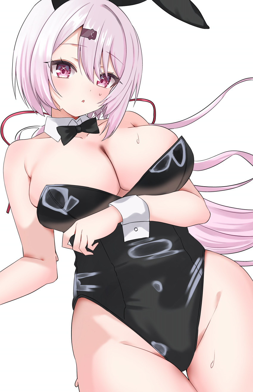 1girl absurdres animal_ears bare_shoulders black_bow black_bowtie black_leotard blush bow bowtie breasts cleavage collarbone commentary detached_collar fanged_bangs groin hair_between_eyes hair_ribbon highres large_breasts leotard long_hair looking_at_viewer nijisanji open_mouth pink_eyes pink_hair pink_ribbon playboy_bunny rabbit_ears ribbon shiina_yuika simple_background solo strapless strapless_leotard sweat thighs tillots virtual_youtuber white_background white_wrist_cuffs wrist_cuffs