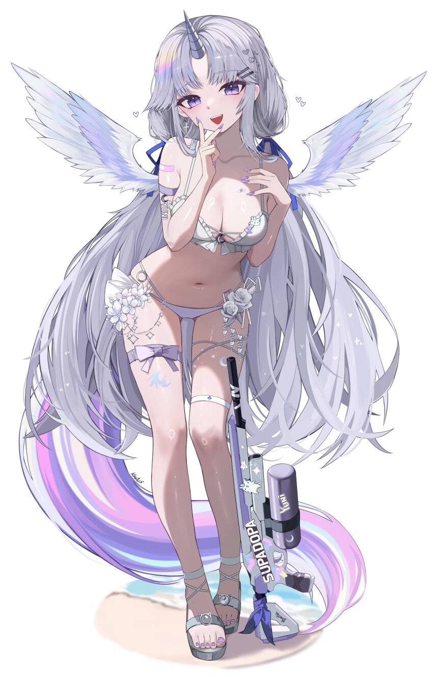 1girl absurdres angel_wings armlet ayatsuno_yuni bandaid bandaid_on_arm bare_shoulders bikini blush breasts cleavage feathered_wings full_body grey_hair hair_ornament hair_ribbon highres horns jewelry kkato leg_ribbon long_hair looking_at_viewer low_twintails multicolored_tail nail_polish navel open_mouth parted_bangs purple_eyes purple_tail ribbon sandals single_horn slit_pupils smile solo standing stellive super_soaker swimsuit tail thigh_ribbon thigh_strap toenail_polish toenails twintails unicorn_girl unicorn_horn v very_long_hair virtual_youtuber water_gun white_bikini white_wings wings