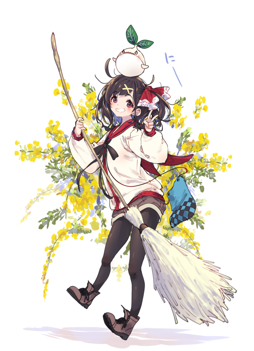 1girl :d absurdres allie=abel black_pantyhose black_ribbon blue_bag blush broom brown_hair brown_shoes brown_shorts cardigan commentary_request creature_on_head floral_background flower grin hair_ornament hairclip hamayumiba_sou highres holding holding_broom loose_hair_strand majo_no_hanaya-san mamoru-kun_(majo_no_hanaya-san) mandragora medium_hair neck_ribbon open_mouth pantyhose pantyhose_under_shorts pink_eyes red_sailor_collar red_shirt ribbon sailor_collar shirt shoes short_shorts shorts smile solo translation_request unkempt v white_background white_cardigan x_hair_ornament yellow_flower