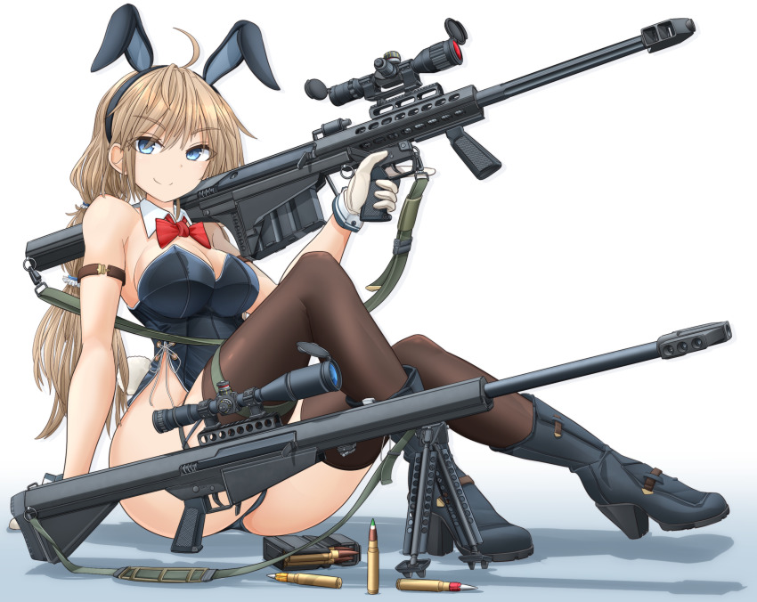 .50_bmg .50_bmg_ball_m2 .50_bmg_raufoss_mk_211_heiap .50_bmg_slap-t_m962 .50_bmg_slap_m903 1girl ahoge ammunition animal_ears anti-materiel_cartridge anti-materiel_rifle arm_strap armor-piercing_ammunition barrett_firearms_manufacturing barrett_m82 barrett_m82a2 black_thighhighs blonde_hair blue_boots blue_eyes blue_leotard boots bow bowtie breasts bullet bullpup closed_mouth collar commentary commentary_request detached_collar english_commentary fake_animal_ears fake_tail gloves gradient_background gun hair_tie high-explosive_cartridge high-explosive_incendiary_armor-piercing_ammunition high_heel_boots high_heels highleg highleg_leotard highres hmg_cartridge holding holding_gun holding_weapon incendiary_ammunition leotard long_hair looking_at_viewer low-tied_long_hair magazine_(weapon) magnum_cartridge match_grade_ammunition medium_breasts mikeran_(mikelan) military_cartridge mixed-language_commentary original playboy_bunny rabbit_ears rabbit_tail red_bow red_bowtie rifle rifle_cartridge sabot saboted_light_armor_penetrator scope semi-automatic_rifle shadow side-tie_leotard sitting smile sniper_rifle solo strapless strapless_leotard sub-caliber_ammunition supersonic_ammunition tail thigh_strap thighhighs tracer_ammunition trigger_discipline weapon white_background white_collar white_gloves wing_collar