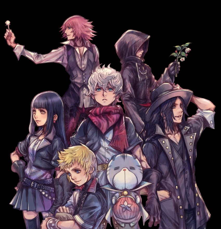 1girl 4boys bandana black_coat_(kingdom_hearts) blaine_(kingdom_hearts) brown_hair chirithy cloak ephemer_(kingdom_hearts) flower hat highres hood jacket kingdom_hearts kingdom_hearts_unchained_x lauriam looking_at_viewer multiple_boys nomura_tetsuya official_art pink_hair plant scarf skuld_(kingdom_hearts) smile spiked_hair square_enix v-neck ventus_(kingdom_hearts)