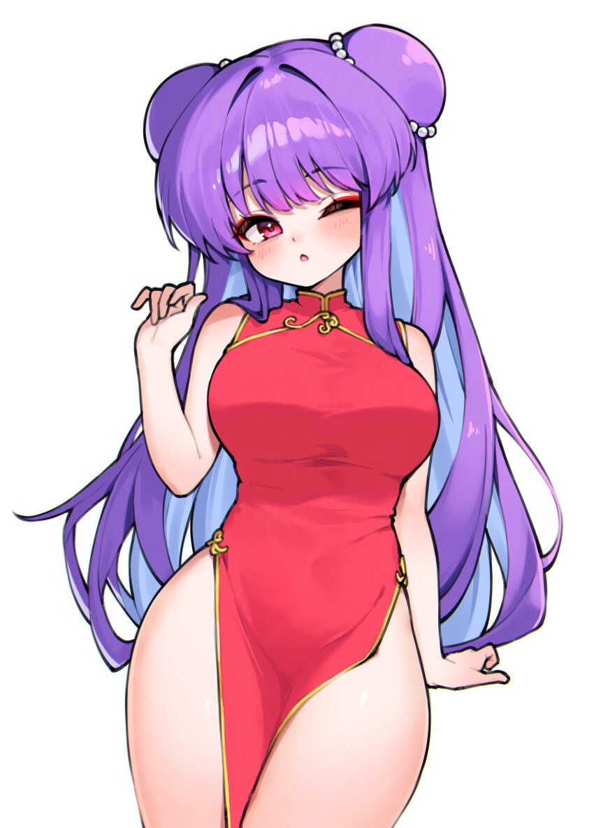 1girl absurdres blush china_dress chinese_clothes cowboy_shot double_bun dress eyeliner hair_bun hair_ornament highres long_hair makeup one_eye_closed open_mouth purple_hair ranma_1/2 red_dress red_eyes seion shampoo_(ranma_1/2) side_slit sidelocks simple_background solo white_background yellow_trim