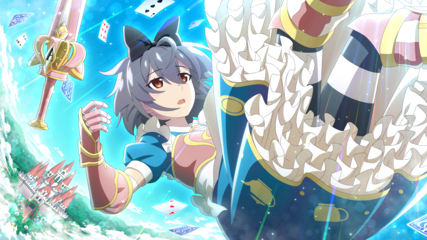 1girl ace_(playing_card) ace_of_hearts alice_(alice_in_wonderland) alice_(alice_in_wonderland)_(cosplay) apron armored_boots black_bow blue_dress bodice boots bow brown_eyes card castle cosplay dress dutch_angle falling feet_out_of_frame four_of_clubs frilled_dress frills game_cg gauntlets grey_hair hair_bow heart highres higurashi_no_naku_koro_ni higurashi_no_naku_koro_ni_mei kimiyoshi_kazuho lens_flare light_rays looking_ahead non-web_source official_art open_mouth outdoors pantyhose playing_card print_dress short_hair short_sleeves six_of_diamonds sky solo sparkle striped_clothes striped_pantyhose sunbeam sunlight sword three_of_spades weapon white_apron