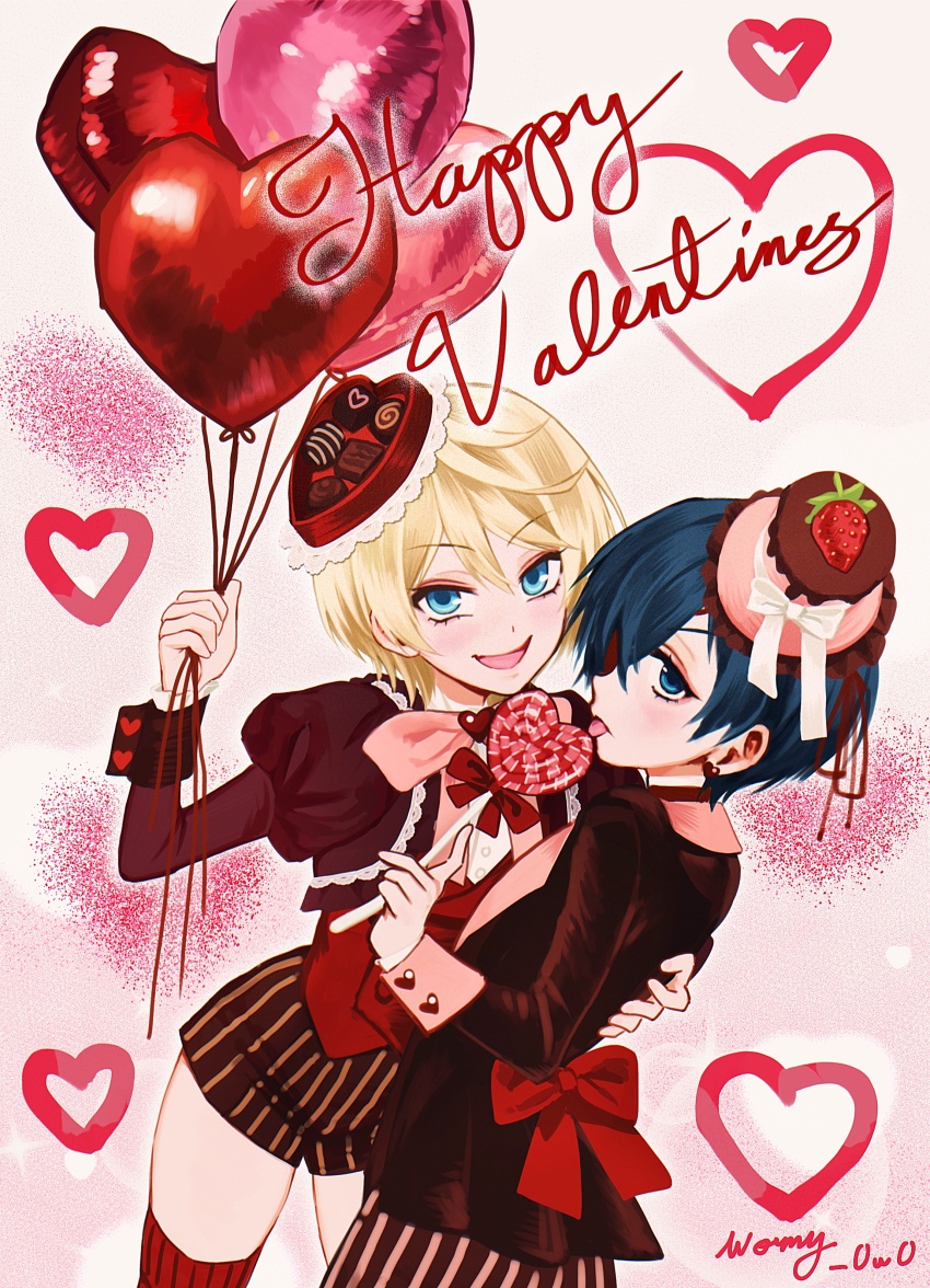 2boys absurdres alois_trancy alternate_costume balloon blonde_hair blue_eyes bow candy ciel_phantomhive eyelashes food hat heart heart-shaped_food heart-shaped_lollipop heart_balloon highres kuroshitsuji lollipop multiple_boys ouji_fashion pale_skin shaped_lollipop tareme tongue tongue_out tsurime wormy_owo