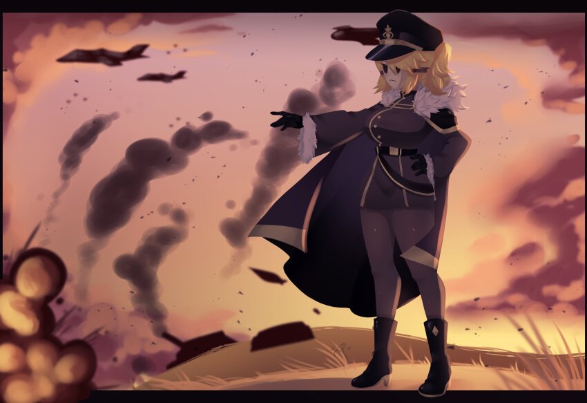 1girl 2022 absurdres aircraft airplane armor belt black_boots black_gloves black_hat black_jacket black_pantyhose blonde_hair boots borrowed_character breasts cape commentary commission english_commentary explosion female_focus full_body fur-trimmed_jacket fur-trimmed_sleeves fur_trim gloves grass groin_tendon hair_over_one_eye hand_on_own_hip hat high_heel_boots high_heels highres jacket large_breasts locket_white_(bakalorin) long_sleeves mario_(series) military_hat military_jacket military_uniform nintendo original outdoors outstretched_arm outstretched_arms pantyhose pauldrons serious shoulder_armor shy_gal smoke sunset swept_bangs tanks thighs white_mask yuunkurosu