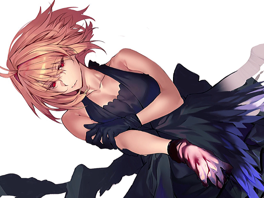 1girl alternate_costume antenna_hair arcueid_brunestud arm_grab black_dress black_gloves blonde_hair blood dress dutch_angle gloves grimace hair_between_eyes hair_intakes highres hiro_(hirohiro_gorira) red_eyes short-haired_girl_(osomatsu-san) solo tsukihime