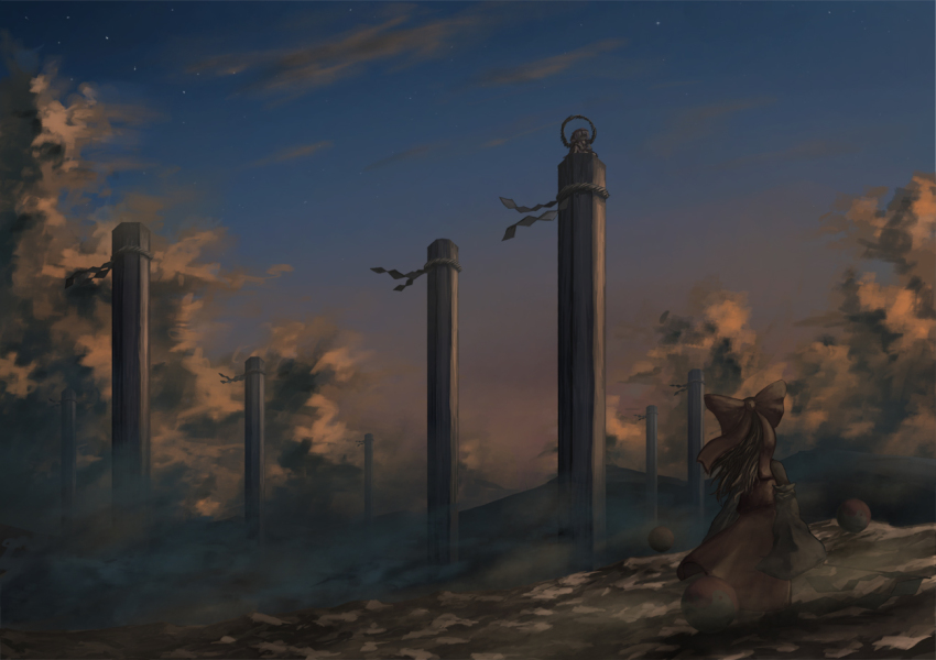 2girls bad_id bad_pixiv_id bow cloud detached_sleeves dusk female_focus hair_bow hakurei_reimu japanese_clothes miko mountain multiple_girls onbashira outdoors sasaj scenery sky touhou yasaka_kanako