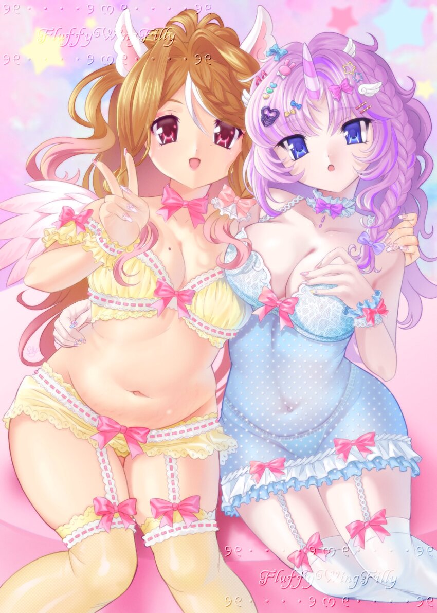 2000s_(style) 2girls :o absurdres blue_eyes breasts brown_hair cleavage commentary eyelashes fillyskywishes highres lingerie long_hair medium_breasts mole mole_on_breast multiple_girls navel open_mouth original plump purple_hair red_eyes smile stretch_marks underwear