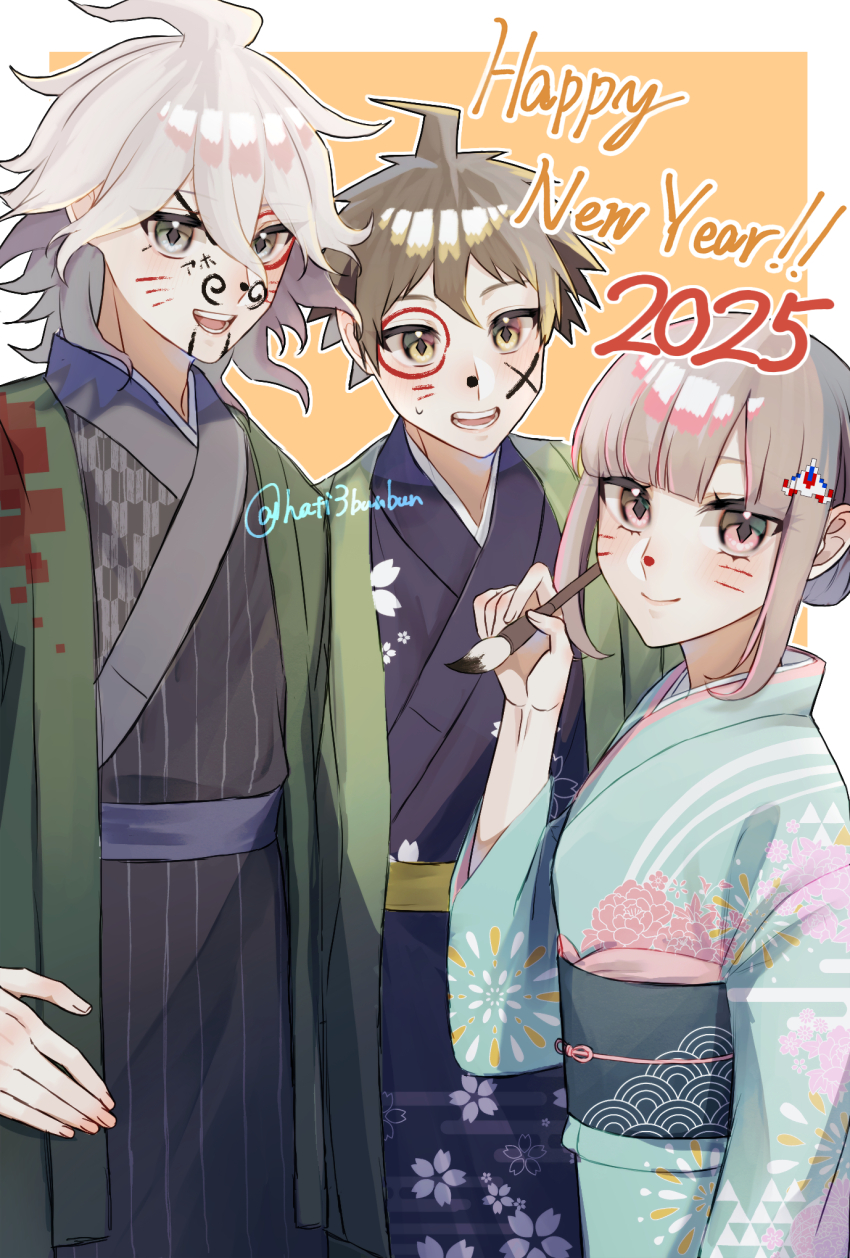 1girl 2025 2boys :d ahoge blunt_bangs blush calligraphy_brush danganronpa_(series) danganronpa_2:_goodbye_despair fake_whiskers galaga grey_hair happy_new_year hati3bunbun highres hinata_hajime holding holding_calligraphy_brush holding_paintbrush japanese_clothes kimono komaeda_nagito long_sleeves multiple_boys nanami_chiaki new_year obi open_mouth paintbrush pink_eyes sash smile teeth wide_sleeves