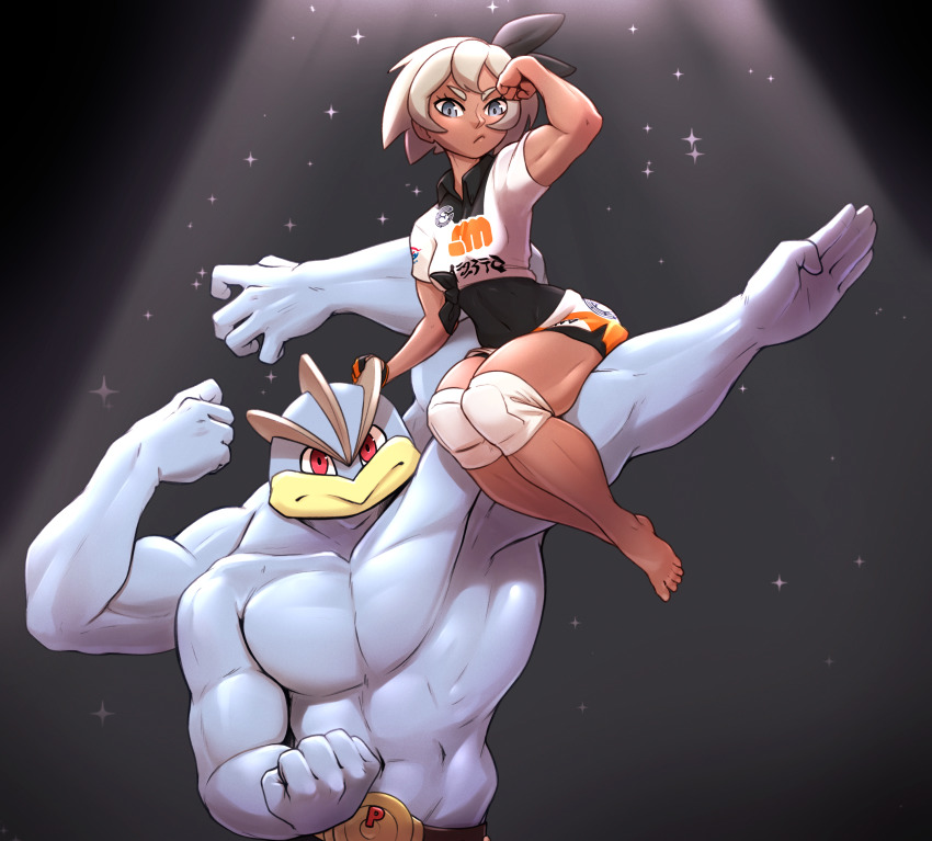 1girl absurdres barefoot bea_(pokemon) black_bodysuit bodysuit bodysuit_under_clothes closed_mouth collared_shirt commentary creatures_(company) dark-skinned_female dark_skin feet flexing frown game_freak gen_1_pokemon gloves grey_eyes grey_hair gym_leader highres knee_pads looking_at_viewer machamp nintendo pokemon pokemon_(creature) pokemon_swsh print_shirt print_shorts pudgeruffian shirt short_hair short_sleeves shorts single_glove sparkle tied_shirt toes v-shaped_eyebrows
