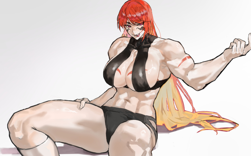1girl abs absurdres beckoning biceps black_bra black_buruma black_outline blonde_hair body_markings bra breast_cutout breasts broad_shoulders buruma cleavage collarbone colored_inner_hair come_hither commentary cowboy_shot english_commentary facepaint fuuma_kotarou_(tenkaichi) hand_on_own_thigh hand_up highres huge_breasts invisible_floor looking_to_the_side multicolored_hair muscular muscular_female navel open_mouth outline outstretched_arm park_ongjol purple_eyes red_hair shadow sideboob sitting smile socks solo sports_bra stomach tenkaichi_nihon_saikyou_bugeisha_ketteisen tongue tongue_out triceps two-tone_hair underwear white_socks