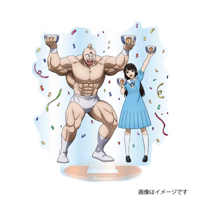 1boy 1girl biceps dress food full_body grin gyudon_(skrnmmt_rice) happy highres holding holding_food kinniku_suguru kinnikuman kinnikuman_(character) long_hair looking_at_viewer manly mask muscular official_art pectorals promotional_art real_life smile standing translation_request uesaka_sumire white_background wrestling wrestling_mask wrestling_outfit