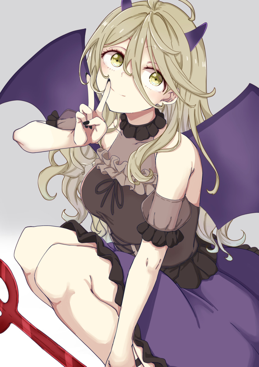 1girl ahoge alternate_costume bare_shoulders bat_wings black_nails black_skirt blonde_hair breasts cleavage closed_mouth collarbone commentary fingernails fingersmile forced_smile gradient_background grey_background hair_between_eyes halloween_costume hand_up highres horns long_fingernails long_hair long_hair_between_eyes looking_at_viewer looking_up make_heroine_ga_oo_sugiru! medium_breasts mono9ron mouth_pull nail_polish off-shoulder_shirt off_shoulder polearm purple_horns purple_skirt sanpaku shikiya_yumeko shirt skirt solo squatting trident v weapon white_background wings yellow_eyes