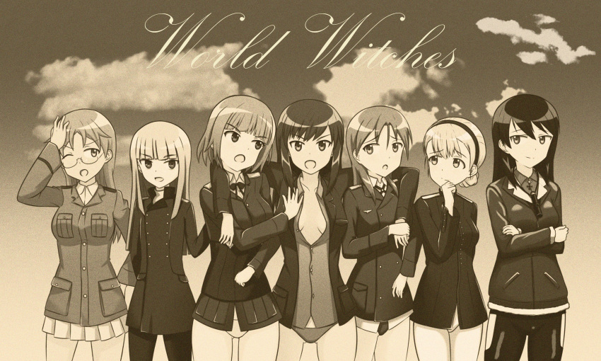 6+girls adolfine_galland arms_around_neck blush brave_witches breasts breasts_apart cloud cloudy_sky commentary_request copyright_name corset crossed_arms edytha_neumann federica_n._doglio fur_trim glasses grete_m._gollob gundula_rall hairband hand_on_head hand_on_own_chin highres jacket long_hair military military_uniform miniskirt minna-dietlinde_wilcke monochrome multiple_girls no_pants noble_witches nomad_(mjauharazhar) open_clothes open_jacket open_mouth outdoors panties pants pantyhose partially_unbuttoned rosalie_de_hemricourt_de_grunne sepia short_hair skirt sky smile standing strike_witches strike_witches:_kurenai_no_majo-tachi strike_witches_zero underwear witches_of_africa world_witches_series