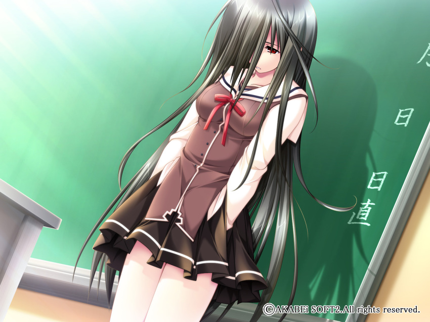 1girl alpha_(yukai_na_nakamatachi) black_hair chalkboard female_focus g-senjou_no_maou hair_over_one_eye highres long_hair red_eyes sad school_uniform serafuku solo usami_haru very_long_hair