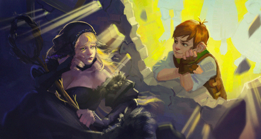 1boy 1girl alternate_breast_size ambrosia_(dungeon_meshi) artzel19 black_dress black_eyes black_hood blonde_hair breasts broken_wall brown_gloves brown_hair chilchuck_tims cleavage commentary crying detached_hood dress dungeon_meshi english_commentary fingerless_gloves frown gloves green_eyes highres holding holding_staff juliet_sleeves large_breasts light_rays long_sleeves marcille_donato marcille_donato_(lord) puffy_sleeves smile staff tears wiping_tears