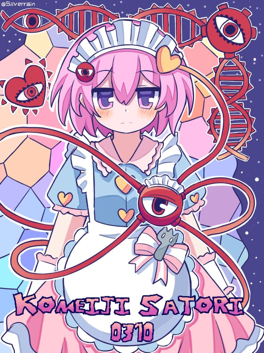 1girl adapted_costume alternate_costume apron blue_shirt bow buttons character_name closed_mouth commentary enmaided eyeball frilled_shirt_collar frilled_sleeves frills hair_ornament hairband heart heart_button heart_hair_ornament highres komeiji_satori looking_at_viewer maid maid_headdress pink_bow pink_eyes pink_hair pink_skirt satori_day shirt short_hair short_sleeves silverrain skirt solo third_eye touhou twitter_username waist_apron white_apron wrist_cuffs