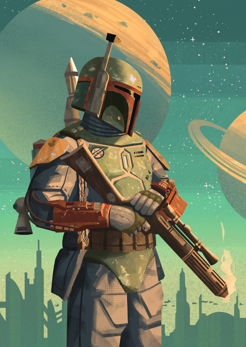 1boy absurdres armor belt boba_fett breastplate brown_belt daniel_ang grey_pants gun highres holding holding_gun holding_weapon mandalorian mandalorian_armor mandalorian_helmet outdoors pants planet smoke smoking_barrel solo star_(sky) star_wars vambraces weapon