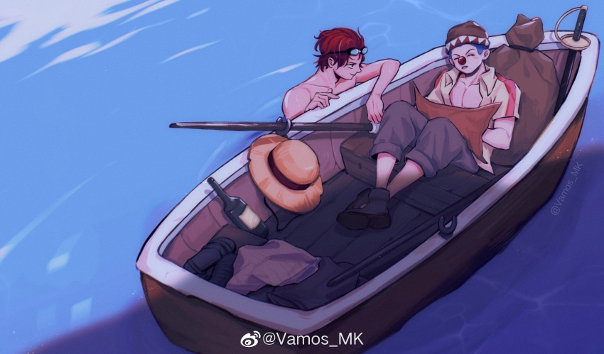 2boys bare_pectorals blue_hair boat brown_hat buggy_the_clown clown_nose goggles goggles_on_head hat highres holding holding_map male_focus map multiple_boys oar on_boat one_piece open_clothes open_shirt pectorals red_hair sack shanks_(one_piece) short_hair straw_hat swimming sword vamos_mk water watercraft weapon