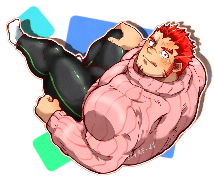 1boy :q akashi_(live_a_hero) bara broad_shoulders bulge facial_hair foreshortening from_above full_body goatee highres kizami_nori_to_yamaimo large_pectorals latex_pants live_a_hero long_sideburns looking_at_viewer looking_up male_focus muscular muscular_male pectorals pink_sweater red_eyes red_hair scar scar_on_face scar_on_nose short_hair sideburns socks solo sweater thick_eyebrows tongue tongue_out turtleneck turtleneck_sweater