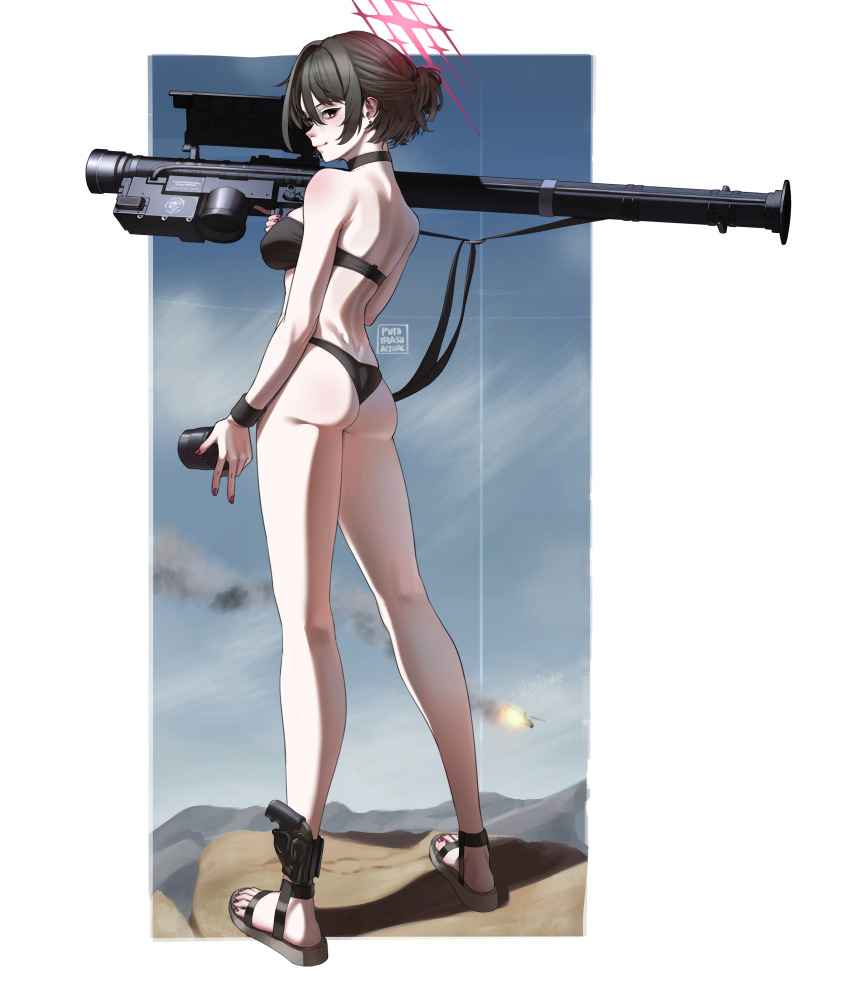 1girl absurdres aircraft ankle_holster artist_name ass bare_legs bikini black_bikini black_choker black_hair blue_archive breasts choker closed_mouth commentary_request earrings feet fim-92_stinger fingernails gun hair_between_eyes halo handgun helicopter highres holding holding_rocket_launcher holding_weapon holstered jewelry legs_apart light_blush looking_at_viewer medium_breasts misaki_(blue_archive) misaki_(swimsuit)_(blue_archive) mountainous_horizon nail_polish official_alternate_costume profile puto_trash red_halo red_nails rocket_launcher sandals shadow short_hair sideways_glance smile solo standing stud_earrings swimsuit toes trigger_discipline weapon yellow_eyes