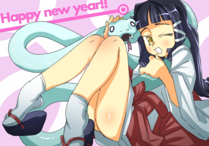 1girl ass black_hair blush chinese_zodiac happy_new_year highres japanese_clothes long_hair looking_at_viewer miko new_year okobo one_eye_closed original platform_clogs platform_sandals sandals smile snake solo tabi veloexotica year_of_the_snake yellow_eyes