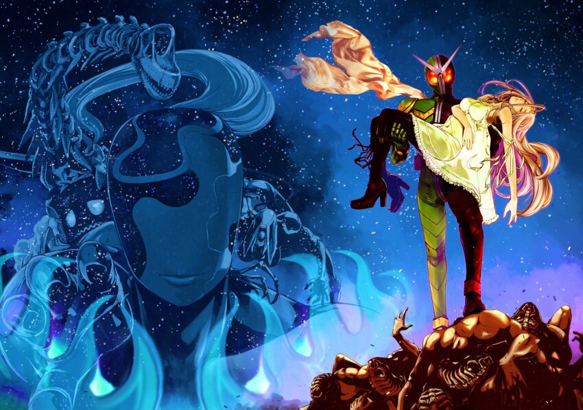 1boy 1girl antennae armor aurora aurora_dopant bare_shoulders belt black_footwear black_pants boots brachiosaurus_dopant breasts character_request contrapposto double_driver electricity everyone frilled_sleeves frills full_armor fuuto_tantei gaia_memory green_armor helmet henchmen high_heel_boots high_heels highres kamen_rider kamen_rider_double kamen_rider_w knee_boots long_hair looking_at_viewer looking_down male_focus medium_breasts monster night night_sky off-shoulder_shirt off_shoulder official_art pants purple_hair red_eyes sato_masaki_(masayakofu) scarf scream_dopant see-through_clothes see-through_shirt shirt sky standing tokime_(fuuto_tantei) upper_body white_shirt