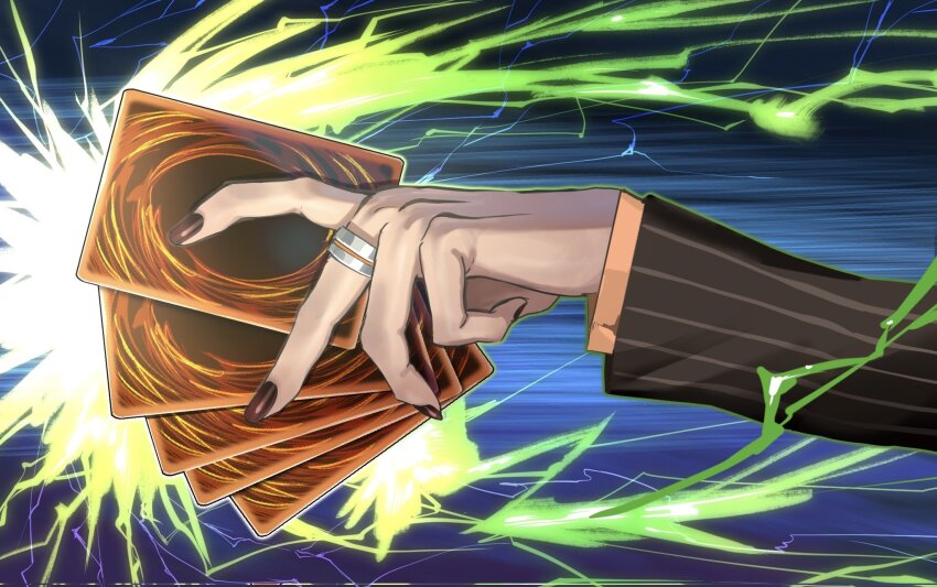 1boy black_nails card gwelu_os_gar hand_focus highres holding holding_card jewelry jip male_focus nijisanji ring virtual_youtuber yu-gi-oh!