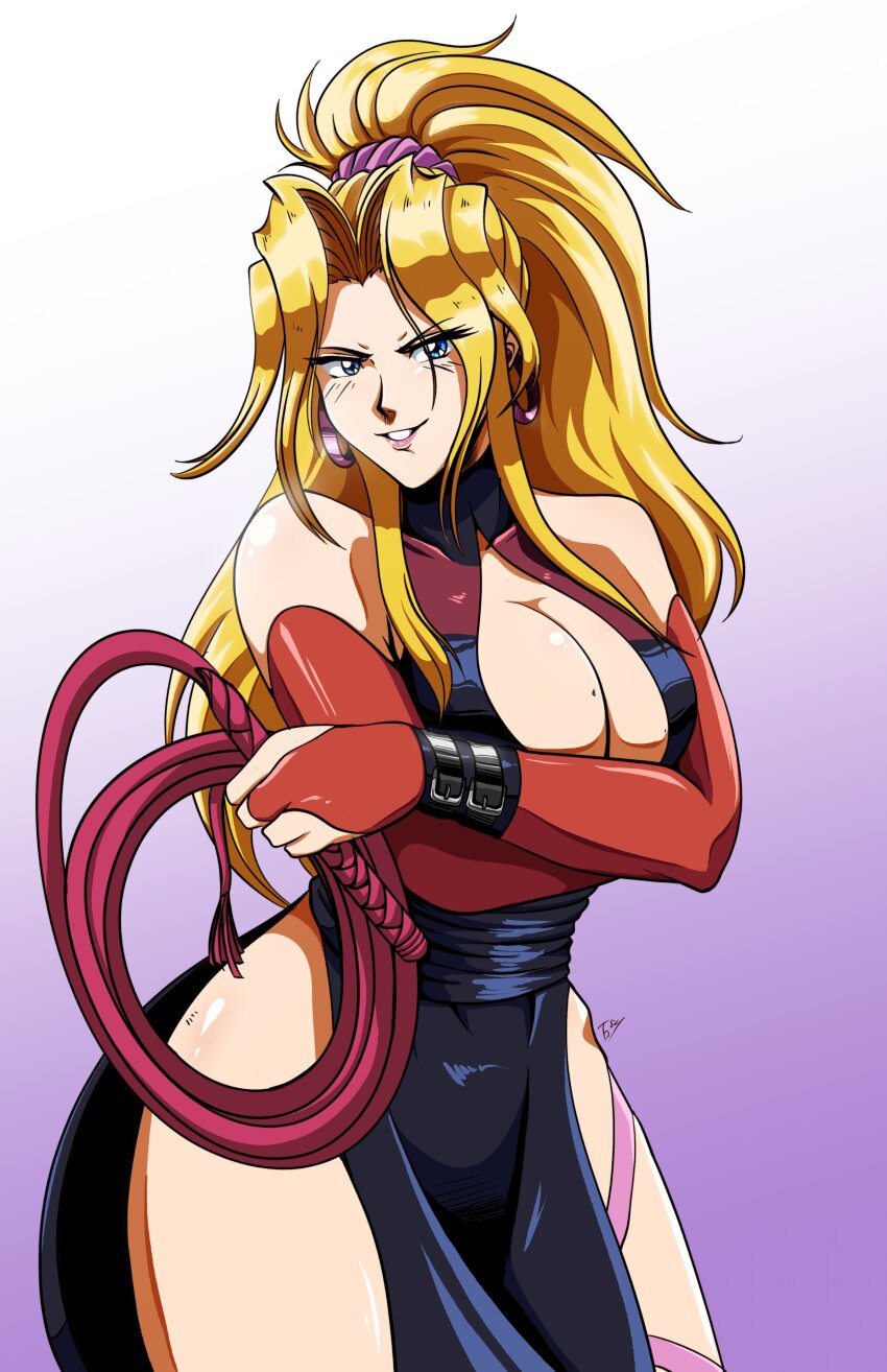 1girl absurdres blonde_hair blue_eyes breasts cleavage earrings highres jewelry large_breasts long_hair ponytail sofia_(toushinden) tedbob84 toushinden