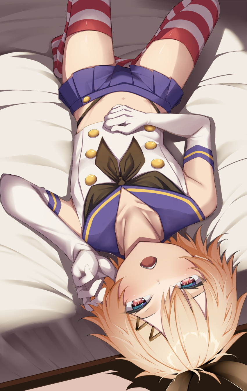 1boy absurdres black_neckerchief black_panties blonde_hair blue_eyes blue_sailor_collar blue_skirt cosplay creek_(moon-sky) crop_top crossdressing elbow_gloves gloves highleg highleg_panties highres horizontal-striped_thighhighs kantai_collection lying male_focus microskirt multicolored_eyes navel neckerchief on_back original panties pleated_skirt red_eyes sailor_collar shimakaze-kun shimakaze_(kancolle) shimakaze_(kancolle)_(cosplay) short_hair skirt solo striped_clothes striped_thighhighs thighhighs thong trap two-tone_eyes underwear white_gloves